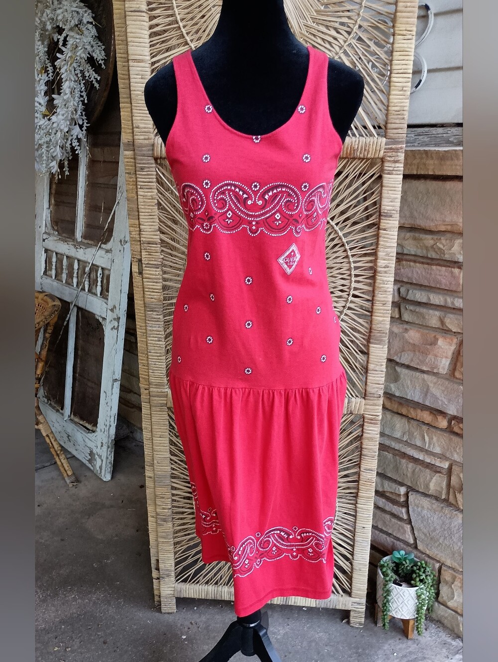 Vintage 90s Guess 100% Cotton Red Sleeveless Bandana Print Midi Dress